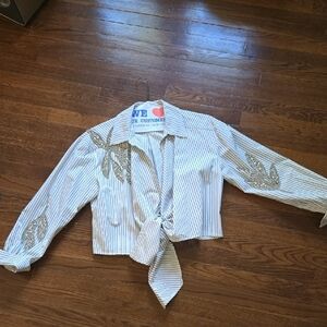 Cinq à Sept Black and White Striped Tie Front Top